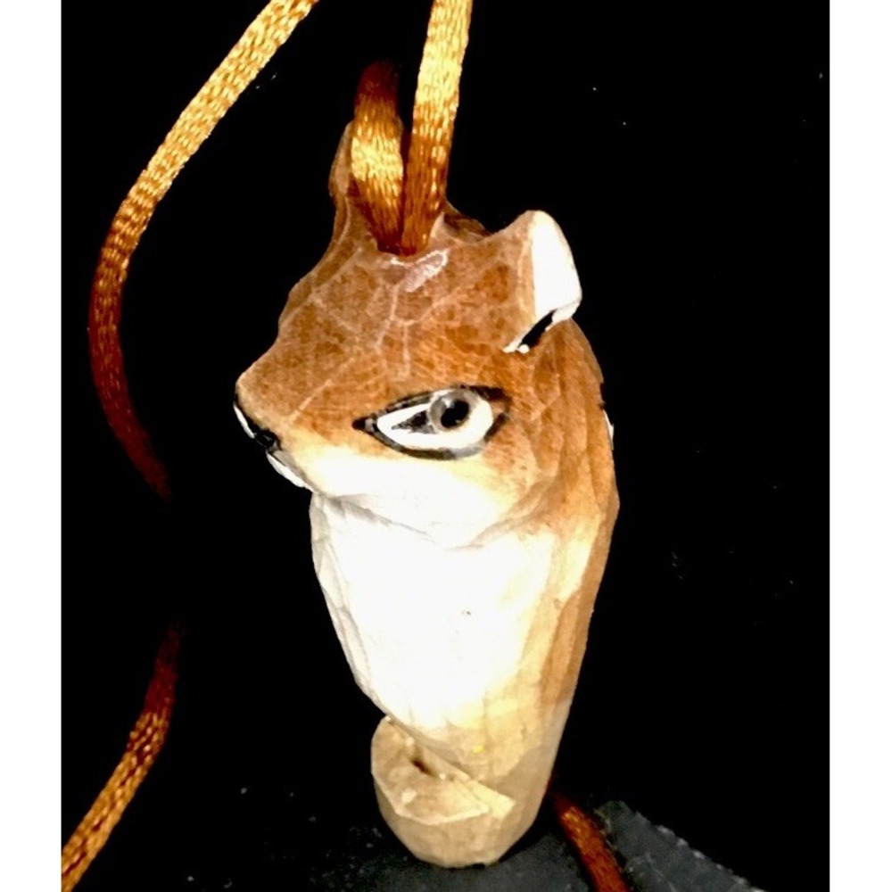 Primitive Hand Carved Wooden Fox Squirrel on Cord Necklace glass Eyes (used)